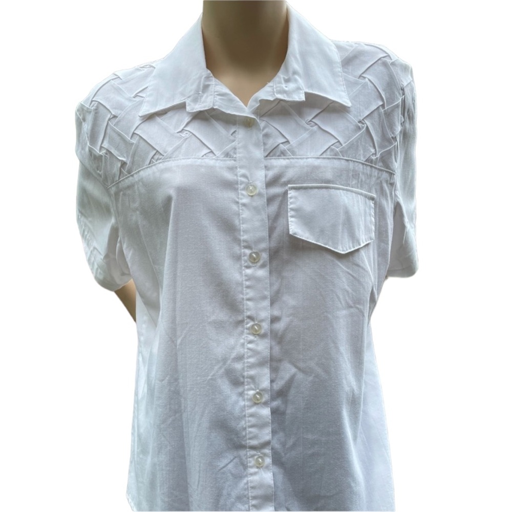 Coral Bay Petites White Embellished Short Sleeve Button Up Blouse Size Petite L